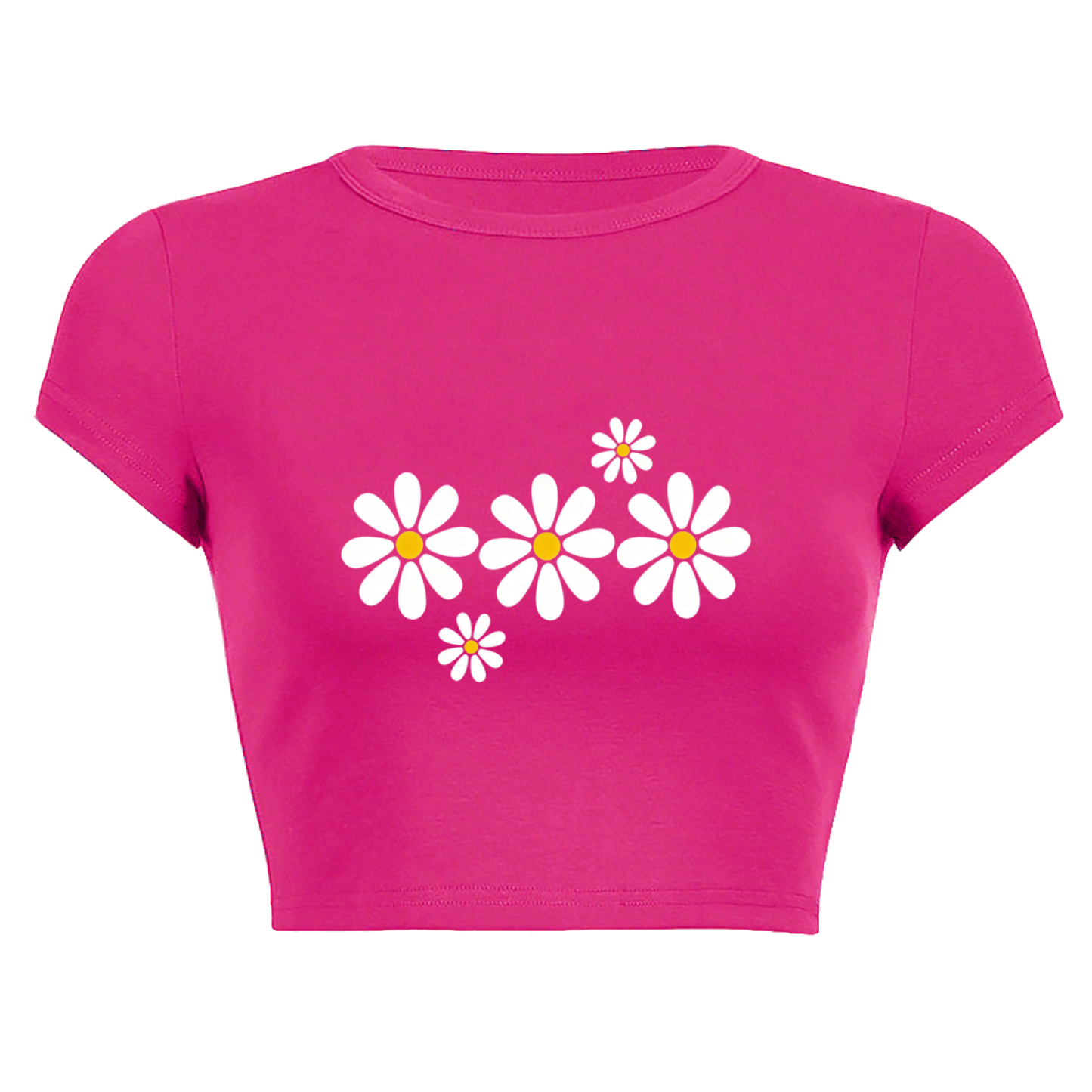 White Daisy Floral Hot Pink Crop Top ¨C Fresh Cottagecore Summer Baby Tee 11.