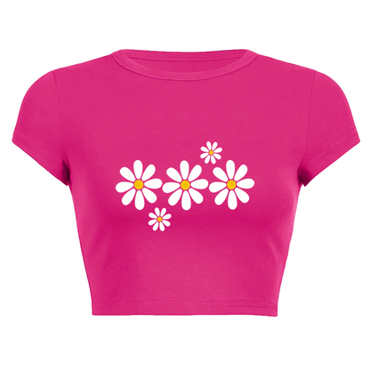 White Daisy Floral Hot Pink Crop Top ¨C Fresh Cottagecore Summer Baby Tee 11.