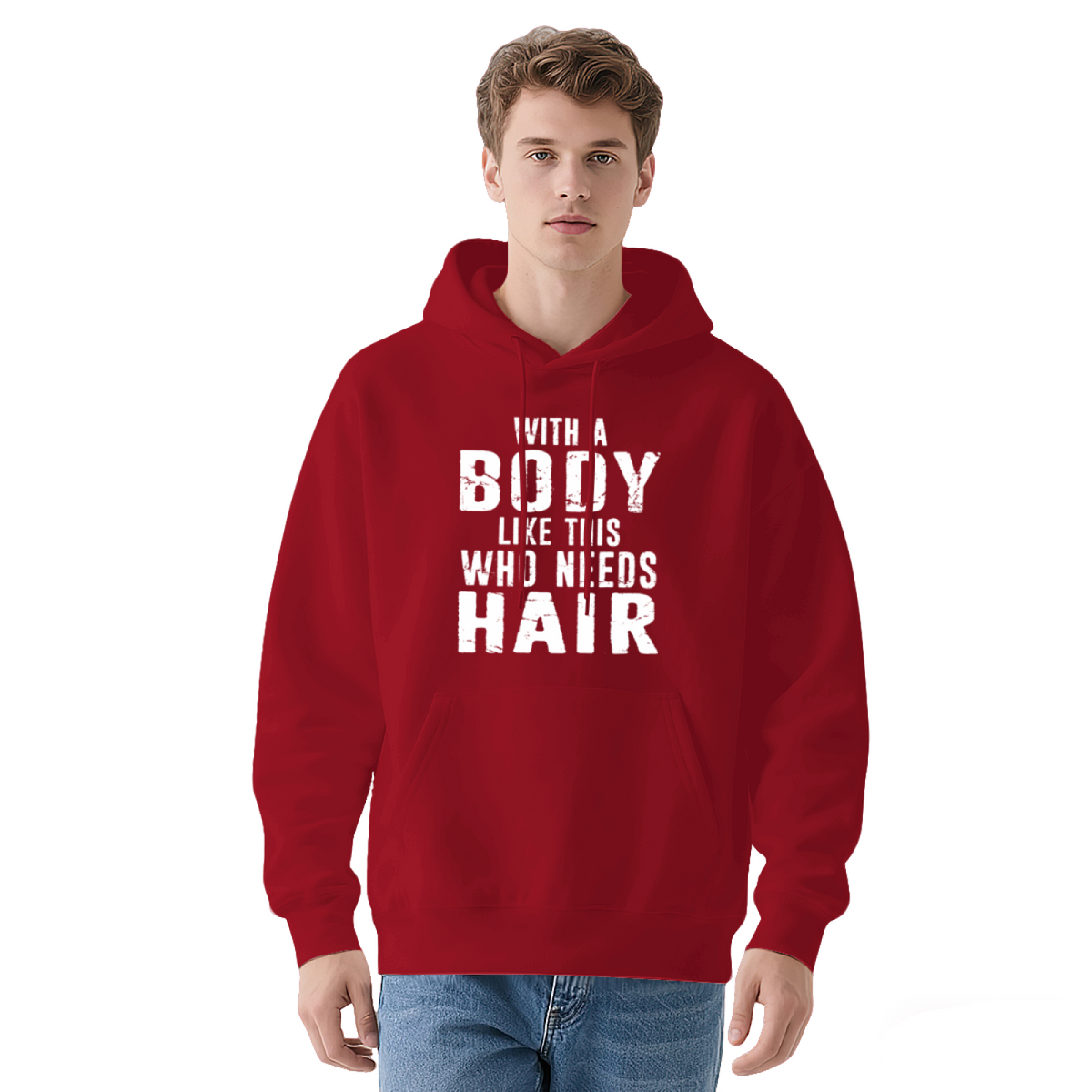 Funny Bald Guy Body Quote Red Hoodie, Men Humor Relaxed Warm Sweatshirt