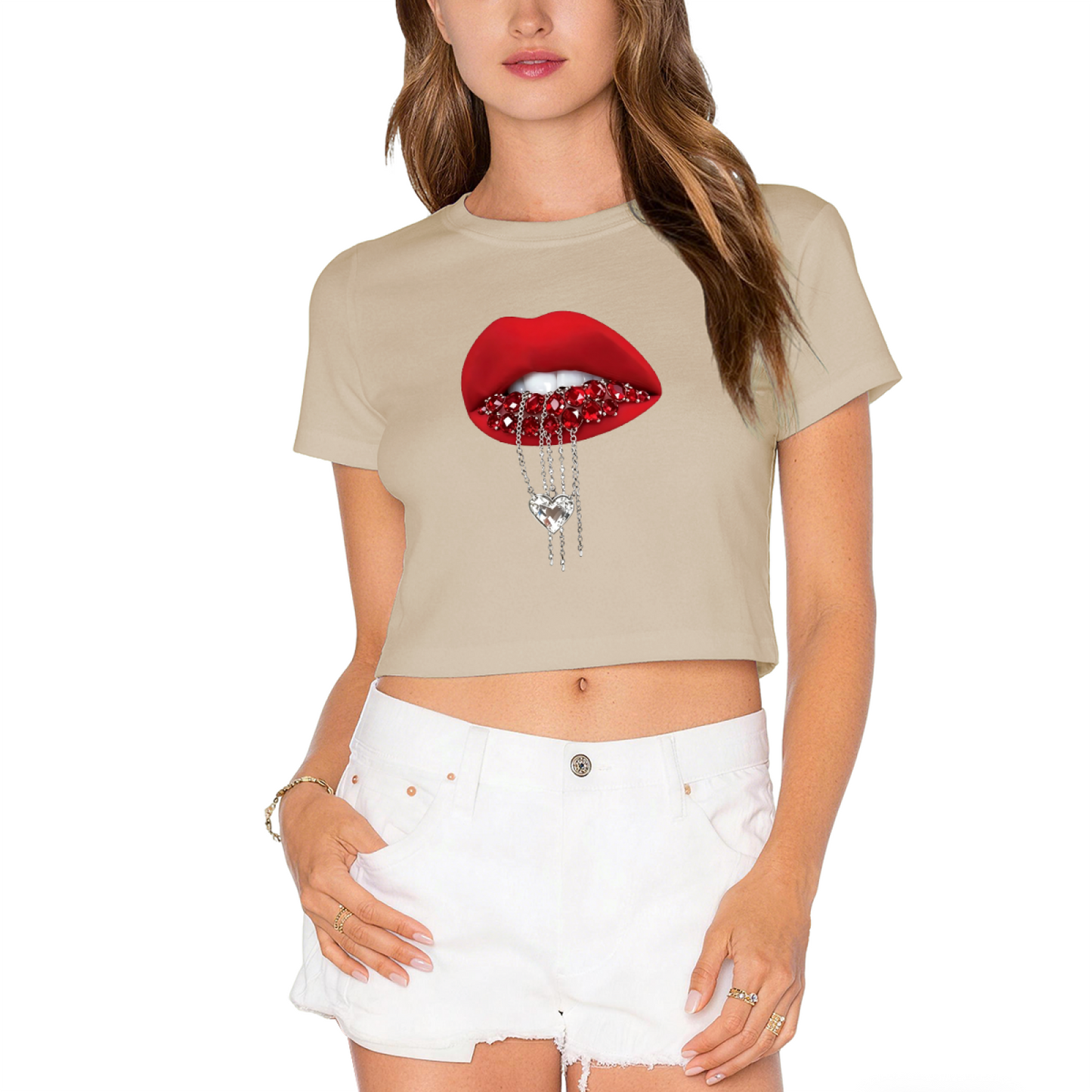 Rhinestone Heart Drip Red Lips Black Crop Top ¨C Edgy Glam Y2K Lip Tee