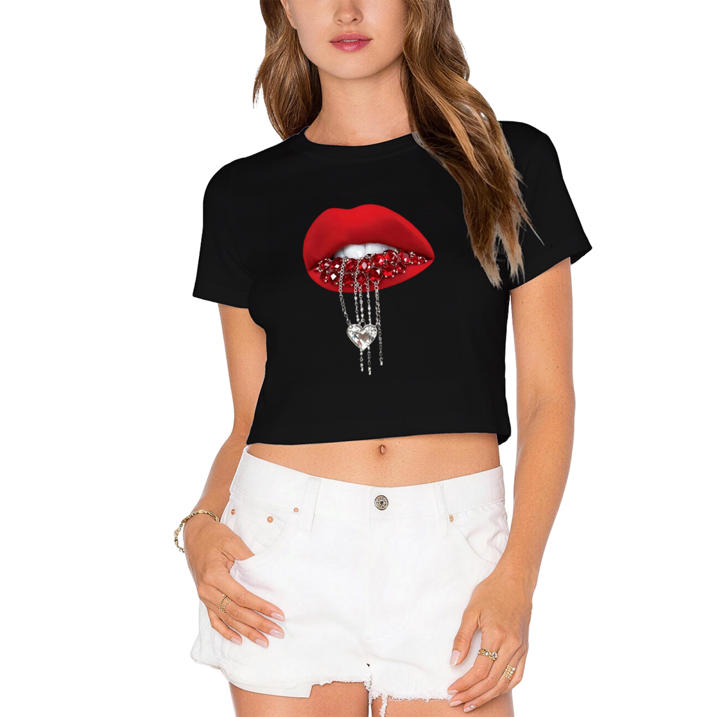 Rhinestone Heart Drip Red Lips Black Crop Top ¨C Edgy Glam Y2K Lip Tee