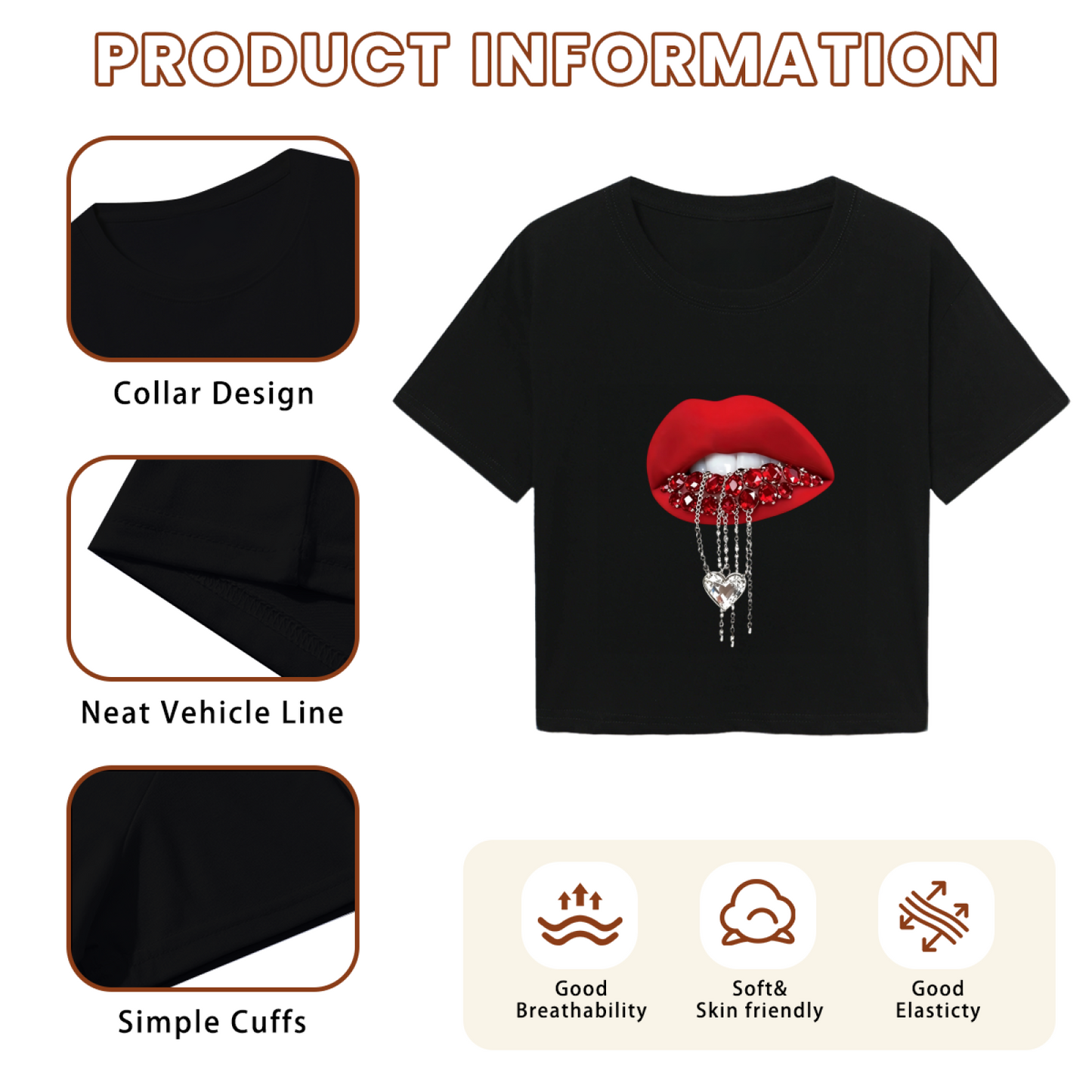 Rhinestone Heart Drip Red Lips Black Crop Top ¨C Edgy Glam Y2K Lip Tee