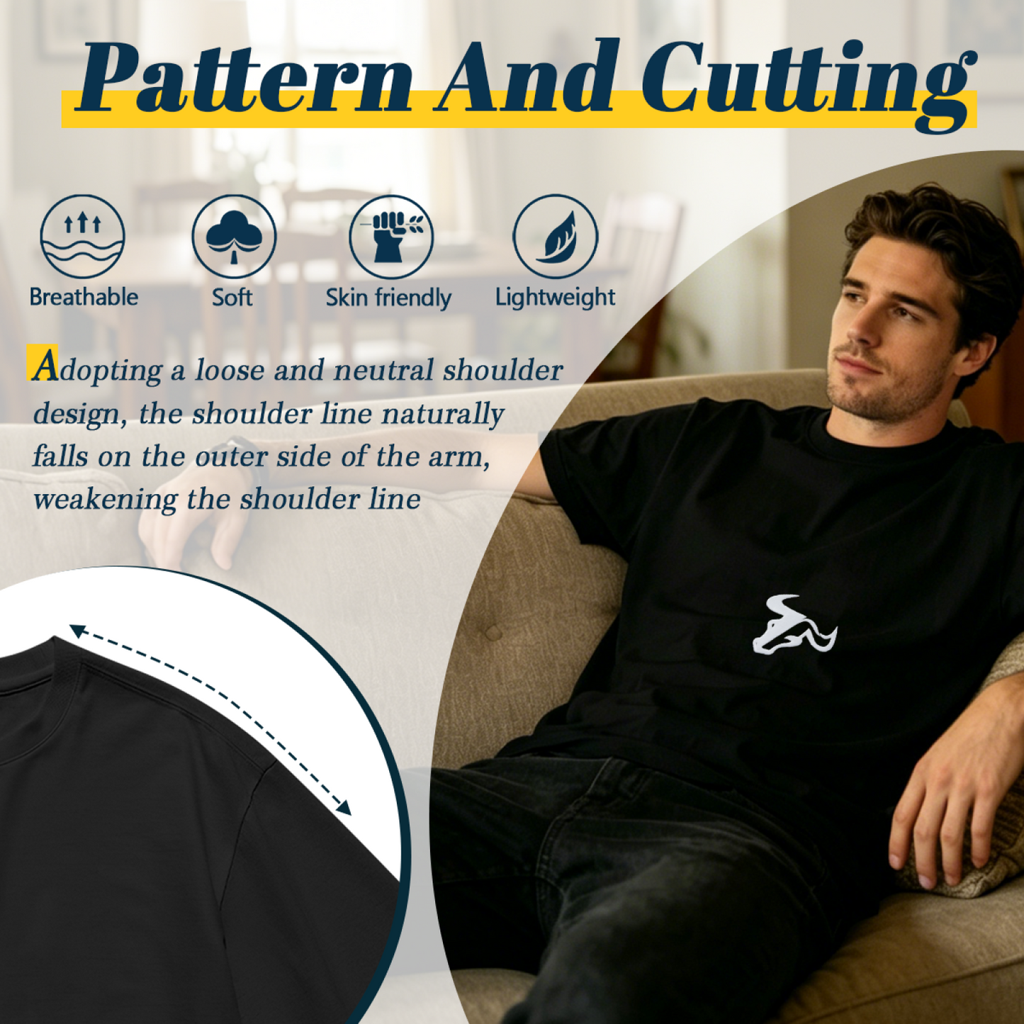 Men's Minimal Single Bull Head Sport Logo Casual Short Sleeve Tee