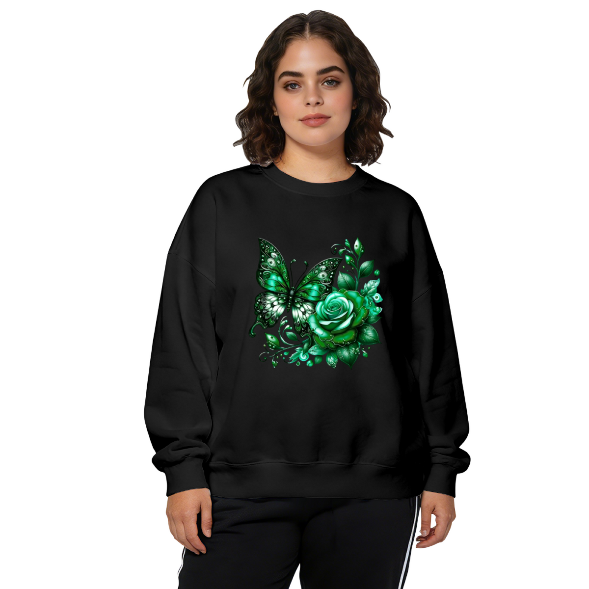Glossy Green Butterfly & Rose Fantasy Art Crewneck Sweatshirt