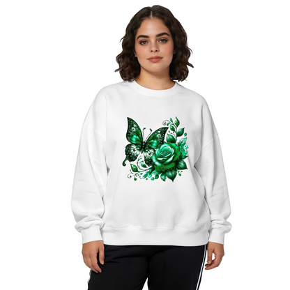 Glossy Green Butterfly & Rose Fantasy Art Crewneck Sweatshirt
