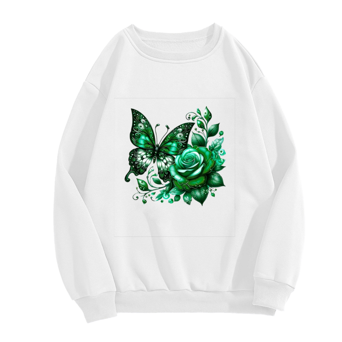 Glossy Green Butterfly & Rose Fantasy Art Crewneck Sweatshirt
