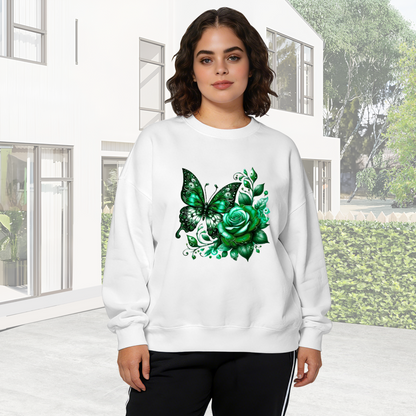 Glossy Green Butterfly & Rose Fantasy Art Crewneck Sweatshirt