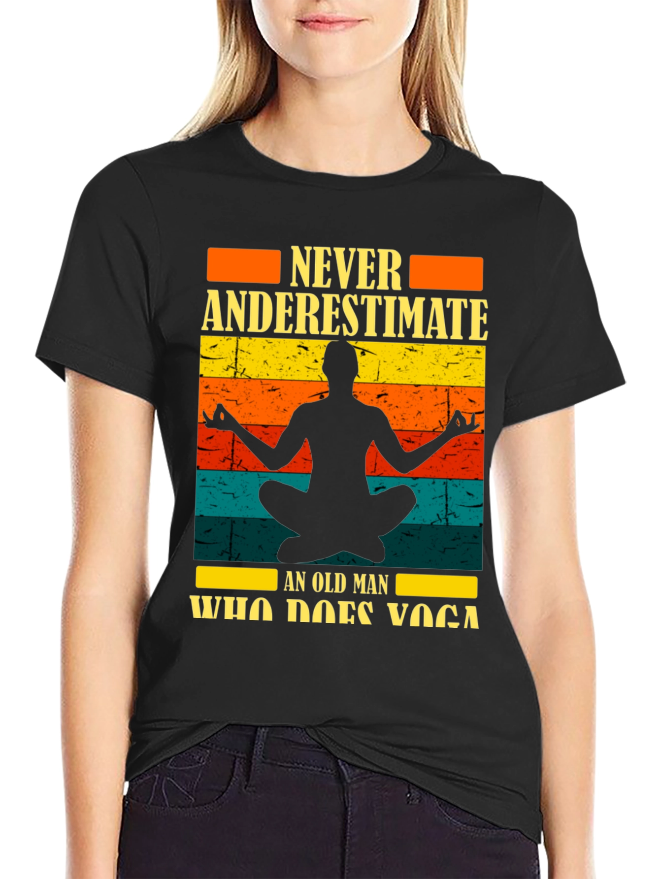 Never Underestimate Yoga Old Man Black T-Shirt