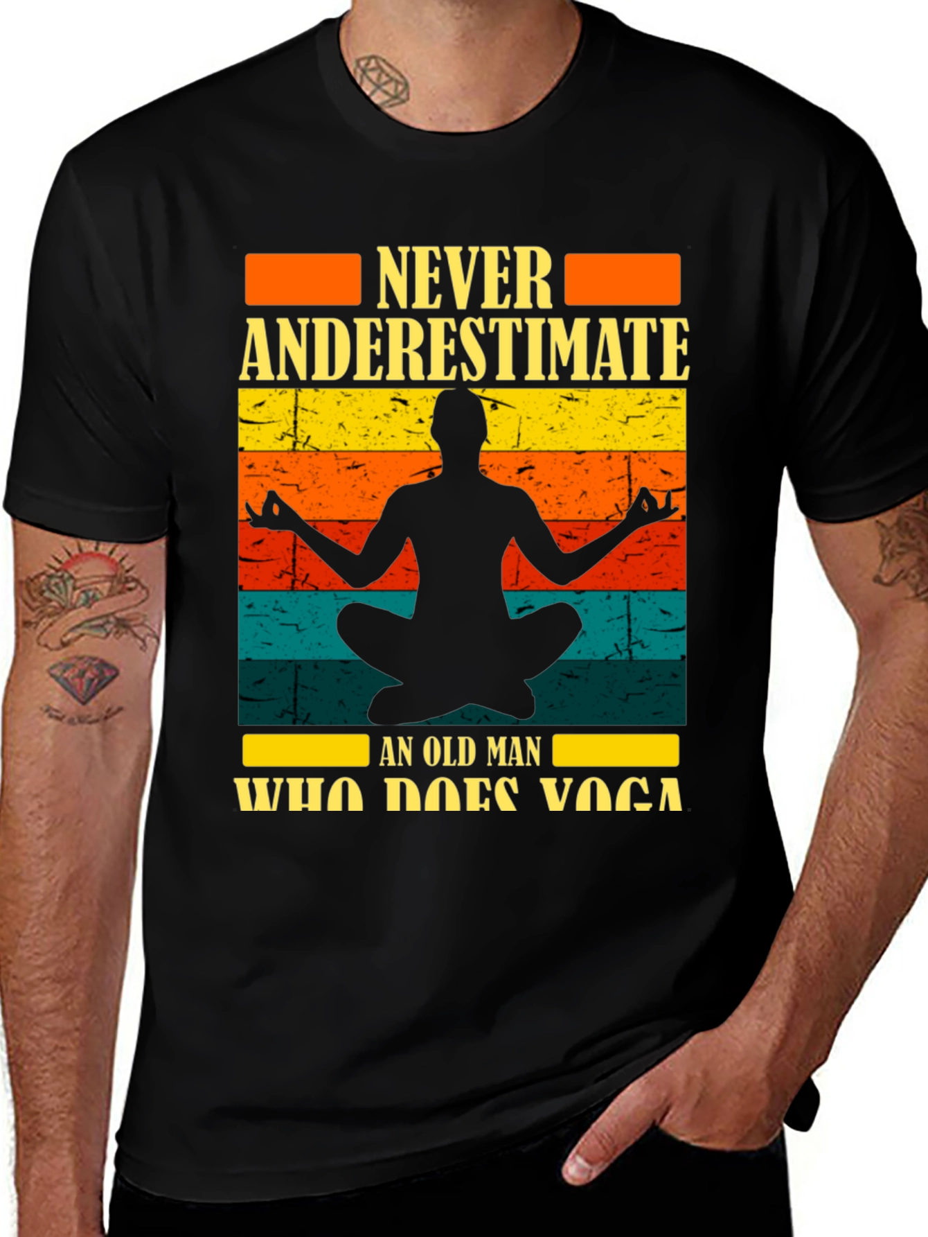 Never Underestimate Yoga Old Man Black T-Shirt