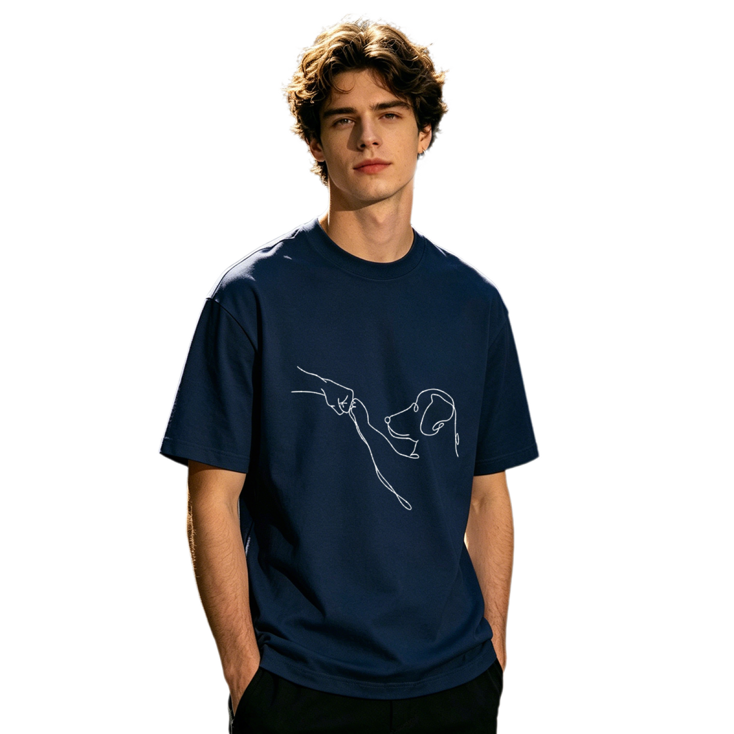 Men's Minimal One Line Art Dog Handshake Animal Lover Simple T-Shirt