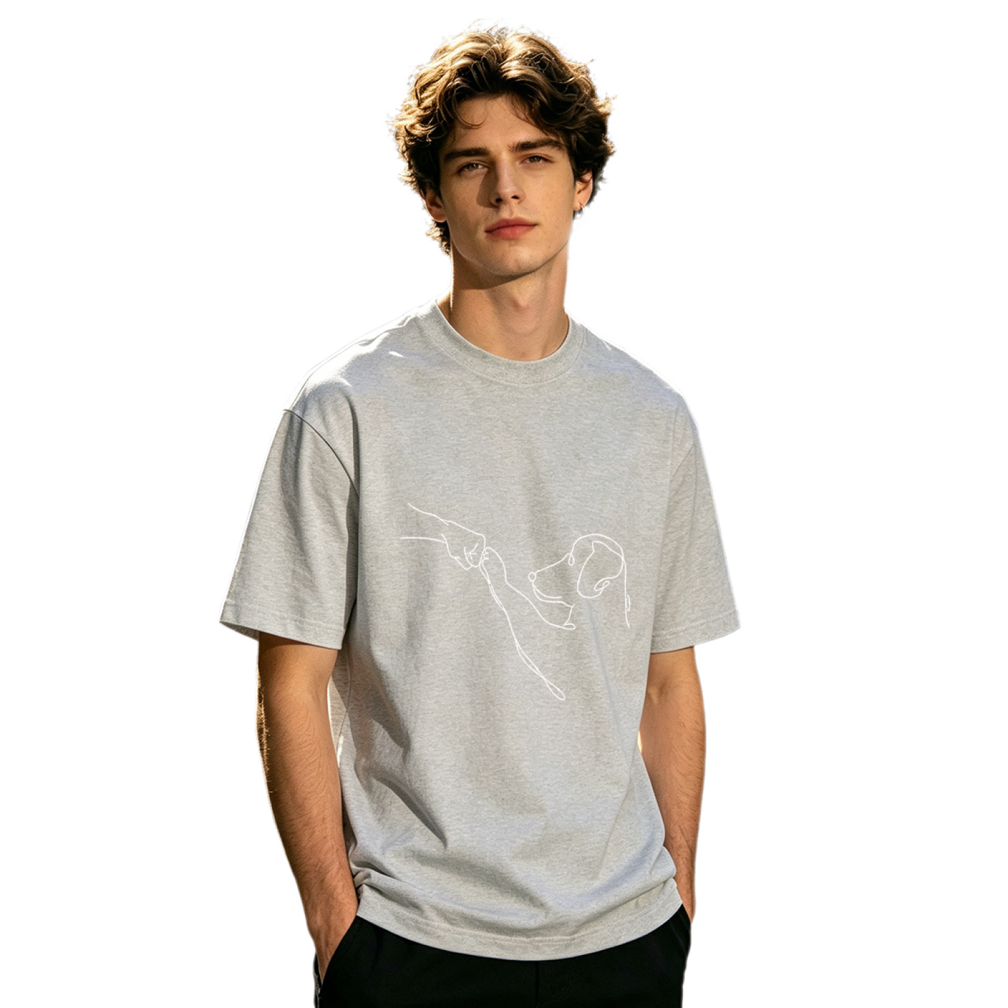 Men's Minimal One Line Art Dog Handshake Animal Lover Simple T-Shirt