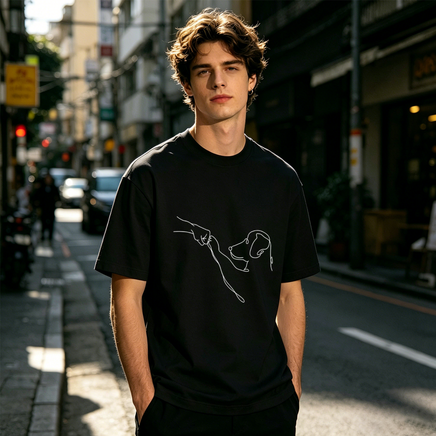 Men's Minimal One Line Art Dog Handshake Animal Lover Simple T-Shirt
