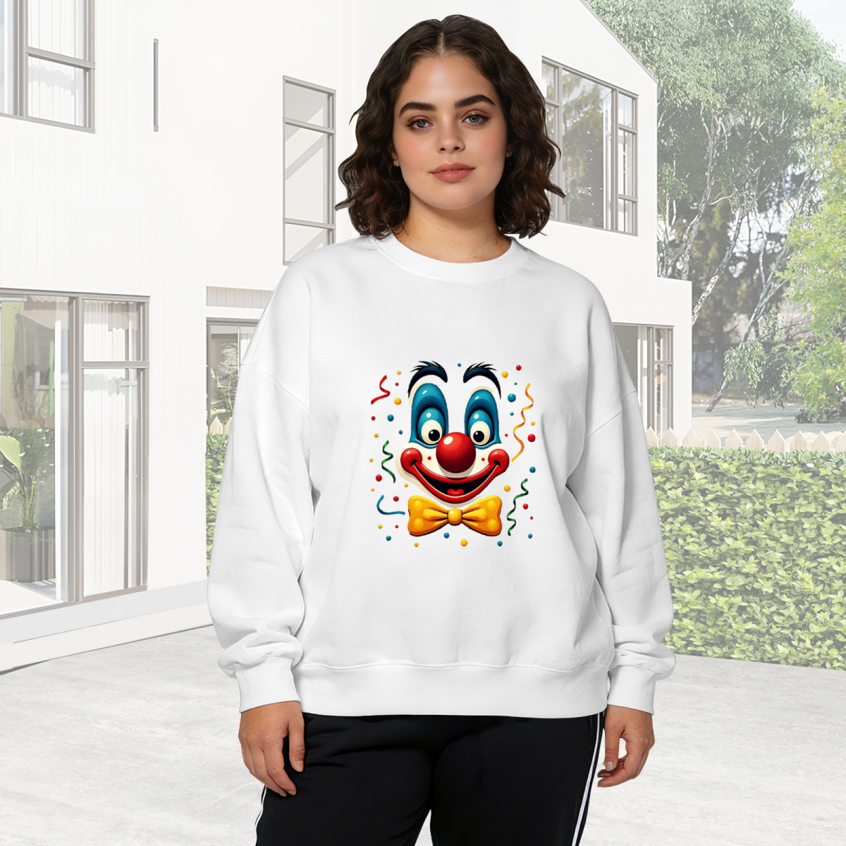 Playful Retro Clown Face Print Casual Crewneck Sweatshirt
