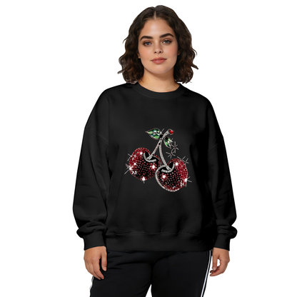 Bling Rhinestone?Effect Red Cherry Graphic Crewneck Sweatshirt
