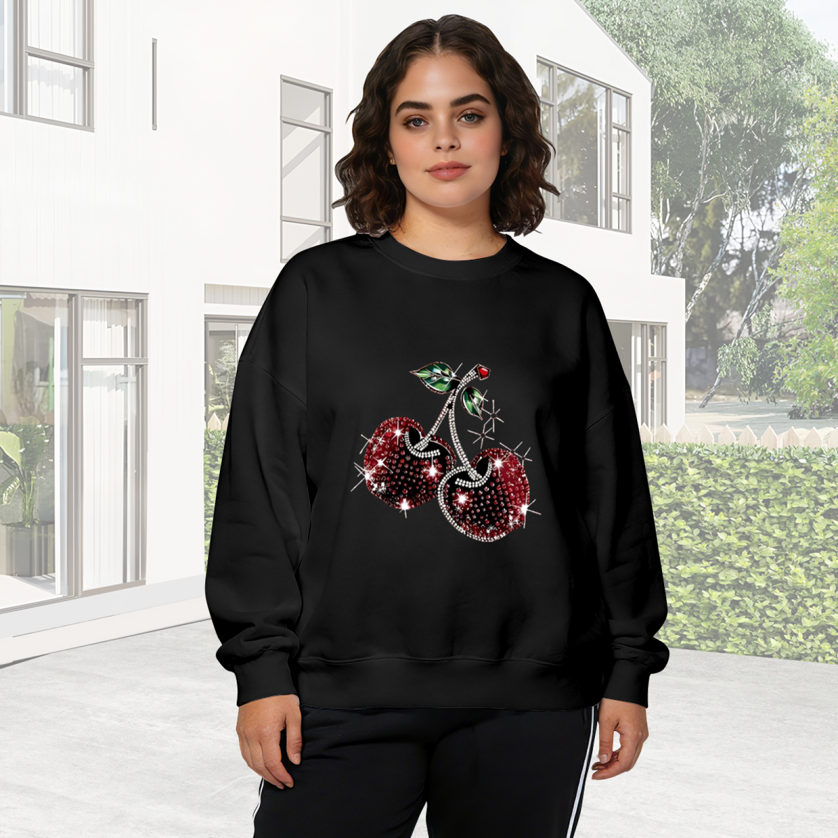Bling Rhinestone?Effect Red Cherry Graphic Crewneck Sweatshirt