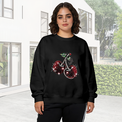 Bling Rhinestone?Effect Red Cherry Graphic Crewneck Sweatshirt