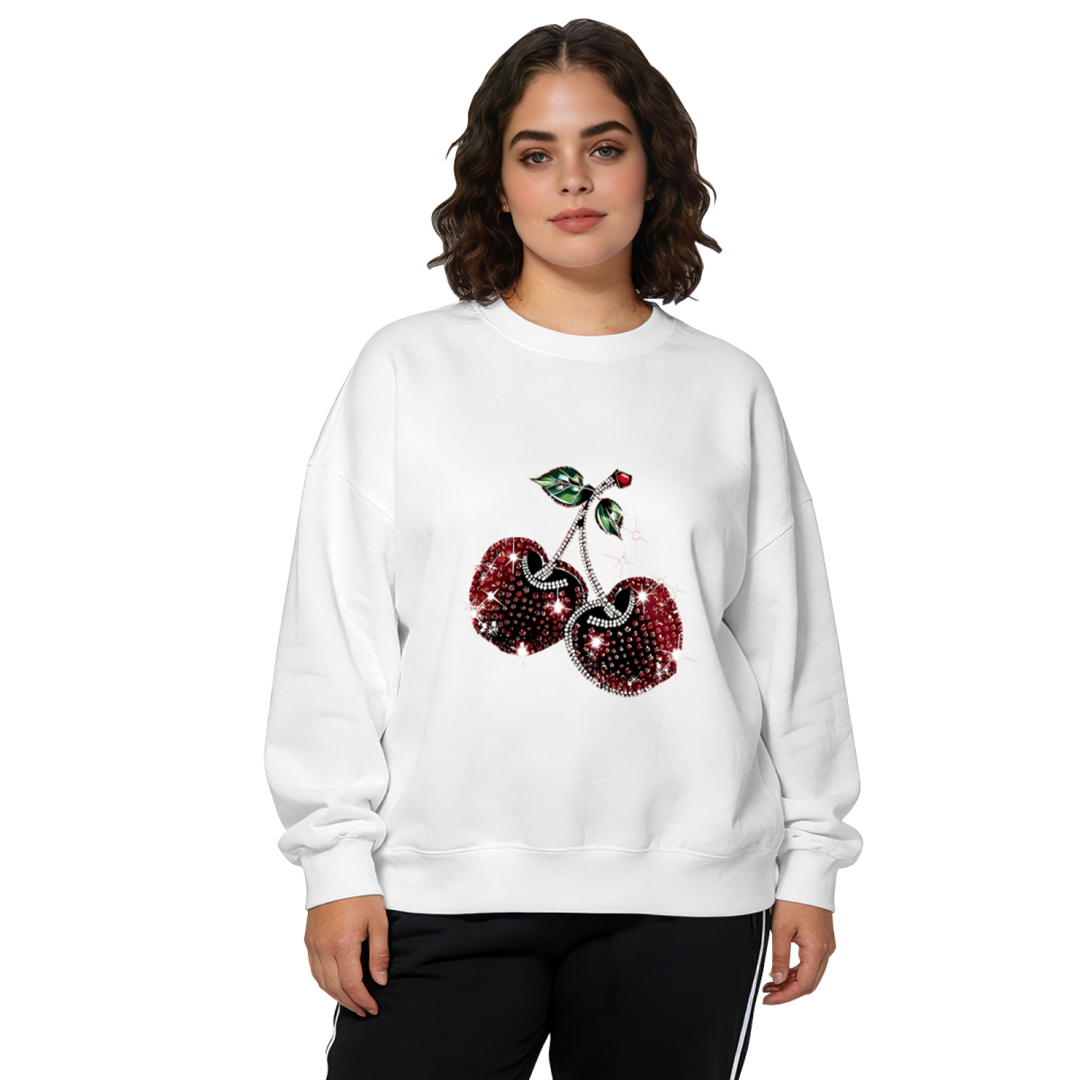 Bling Rhinestone?Effect Red Cherry Graphic Crewneck Sweatshirt