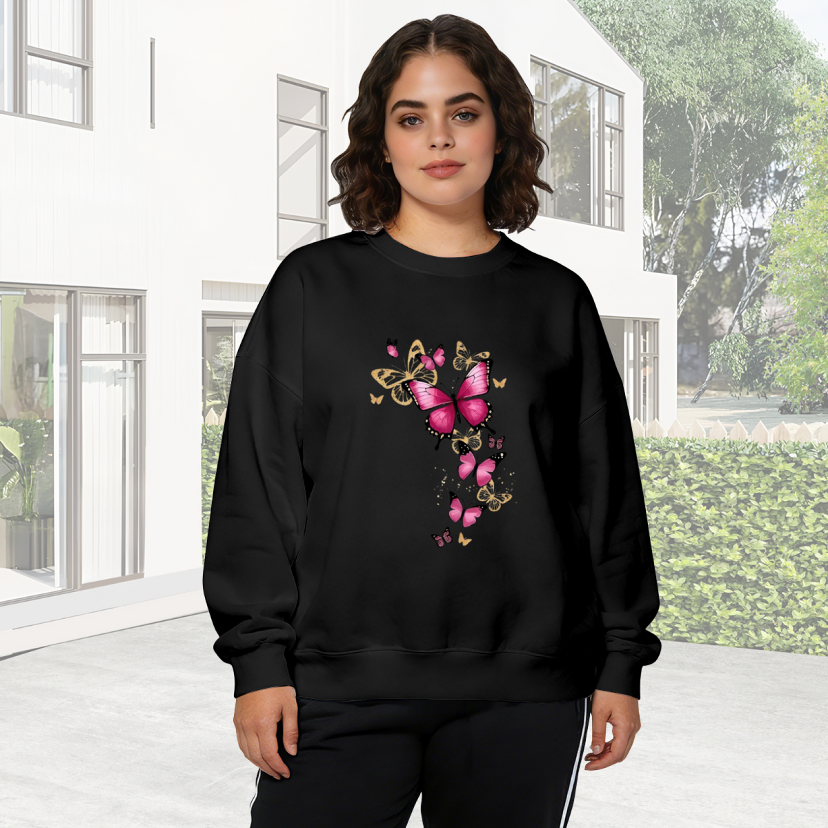 Pink & Golden Butterfly Art Crewneck Sweatshirt