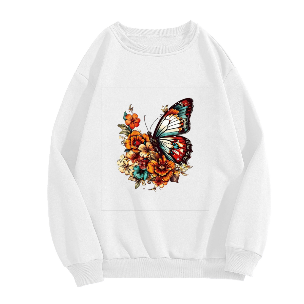 Vintage Boho Butterfly & Warm?Toned Floral Art Crewneck Sweatshirt