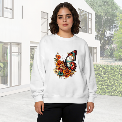 Vintage Boho Butterfly & Warm?Toned Floral Art Crewneck Sweatshirt