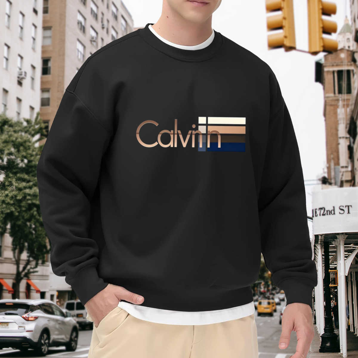 Metallic Calvin Color Block Stripe Black Crewneck Sweatshirt