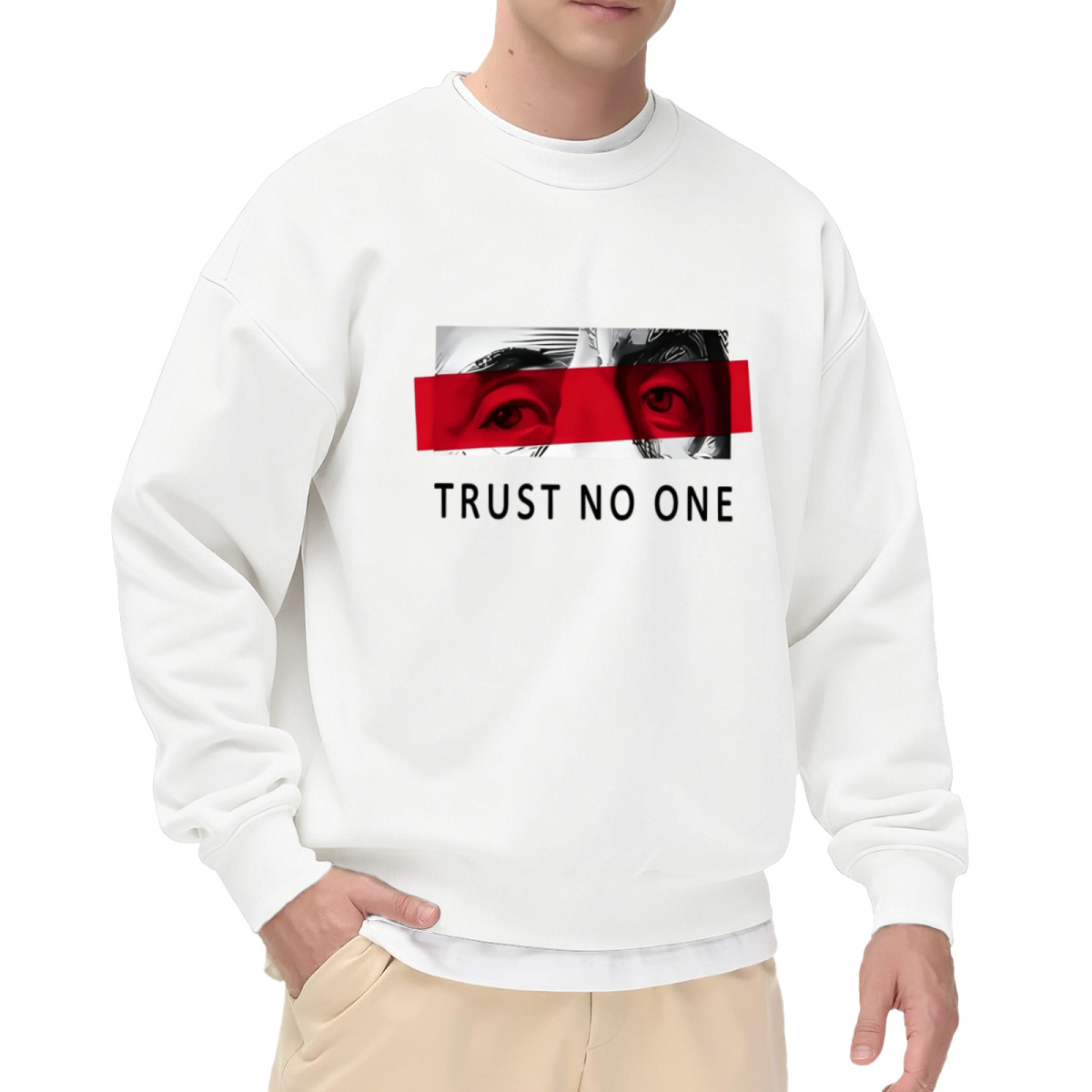 Trust No One Mysterious Red Eyes Graphic Crewneck