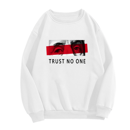 Trust No One Mysterious Red Eyes Graphic Crewneck