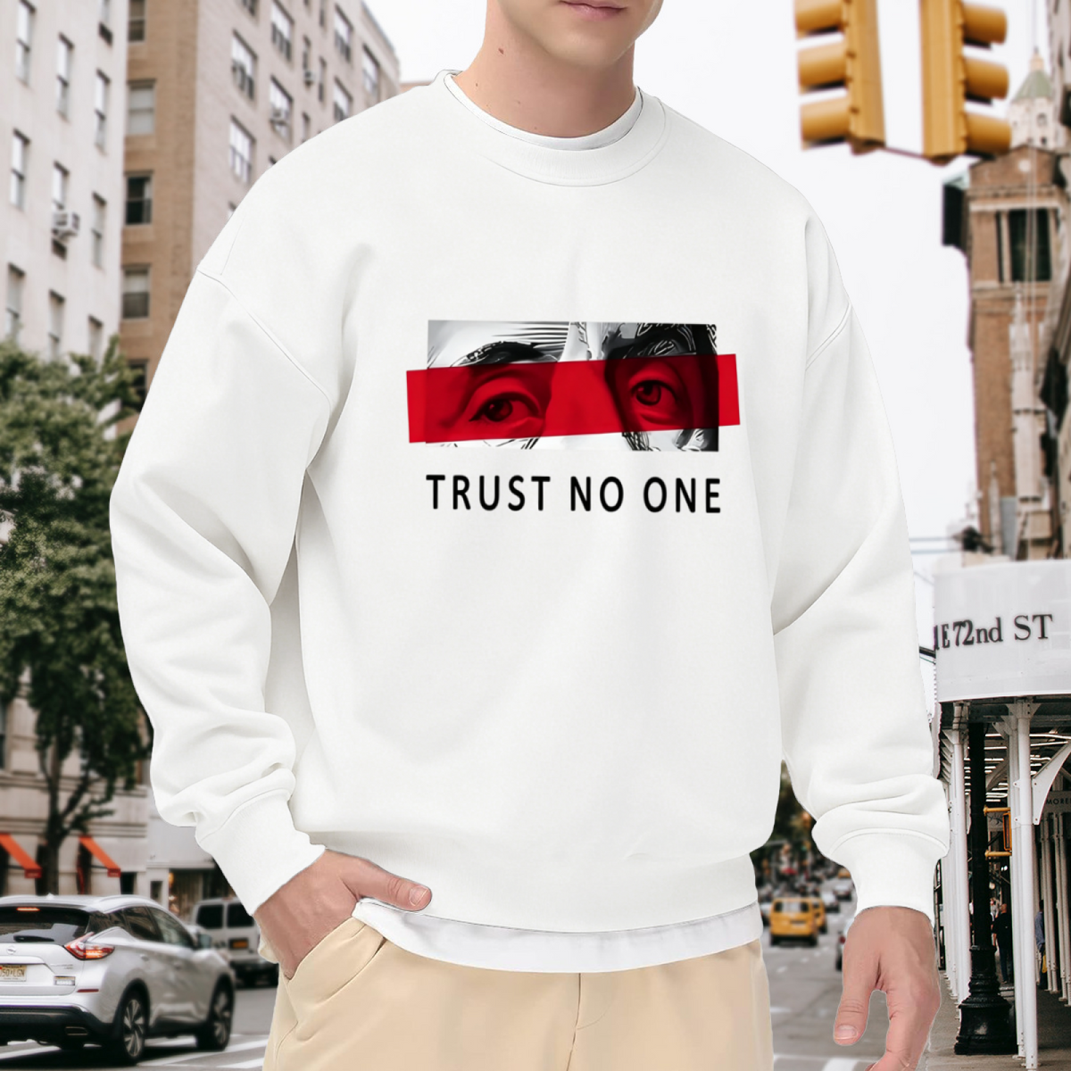 Trust No One Mysterious Red Eyes Graphic Crewneck