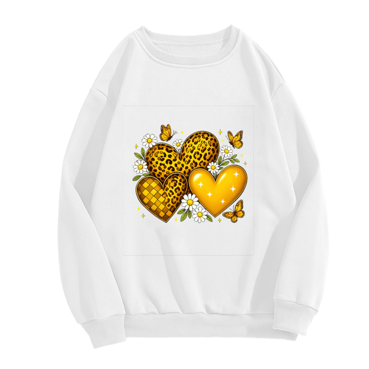 Leopard Print Golden Heart Daisy Butterfly Crewneck Sweatshirt