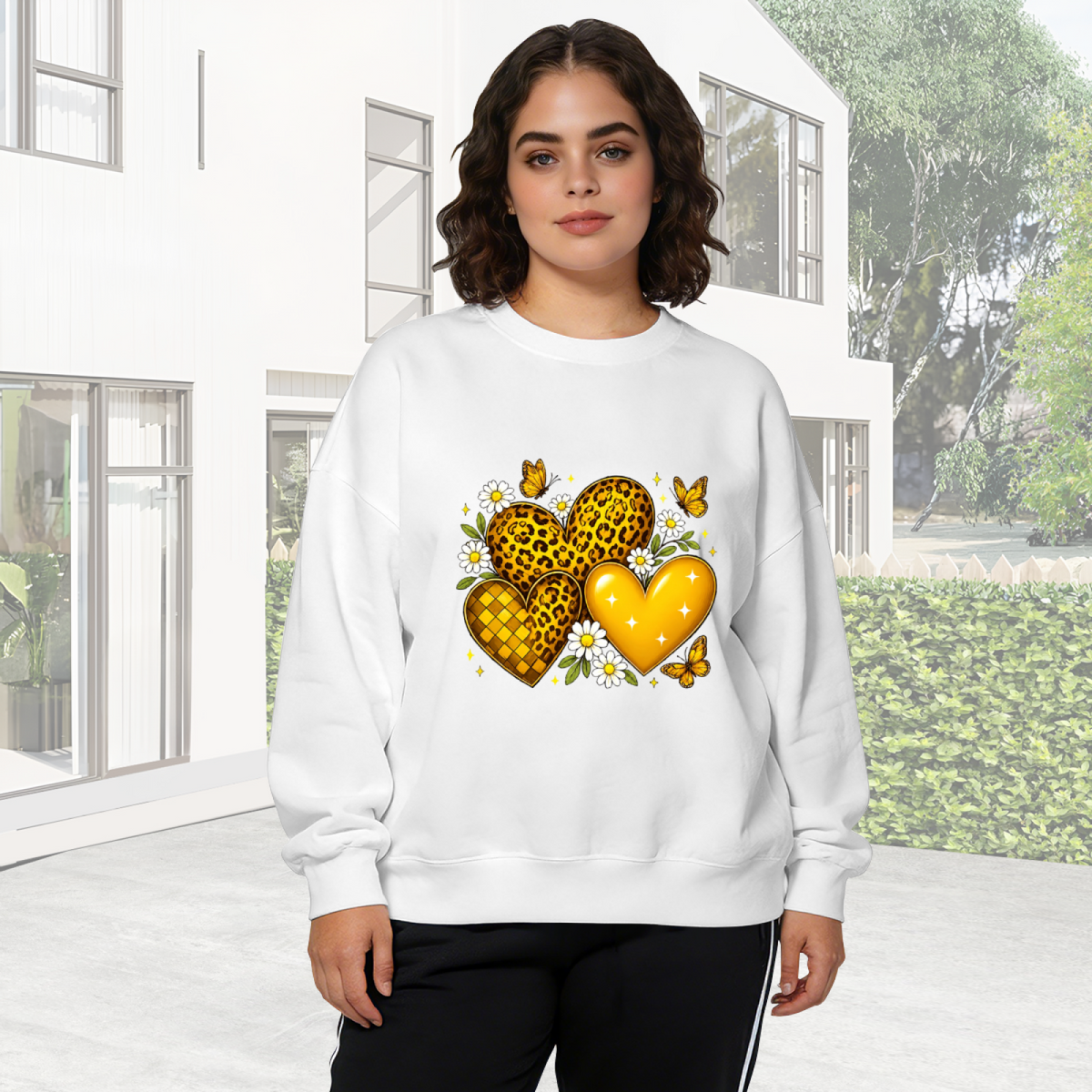 Leopard Print Golden Heart Daisy Butterfly Crewneck Sweatshirt