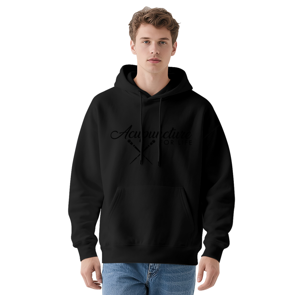 Acupuncture For Life Script Navy Hoodie, Therapist Relaxed Comfort Pullover