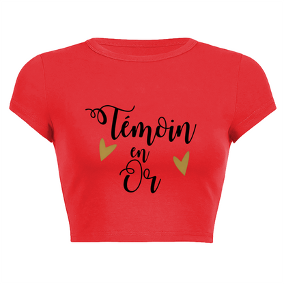 T¨¦moin en Or Gold Heart Bridesmaid Red Crop Tee