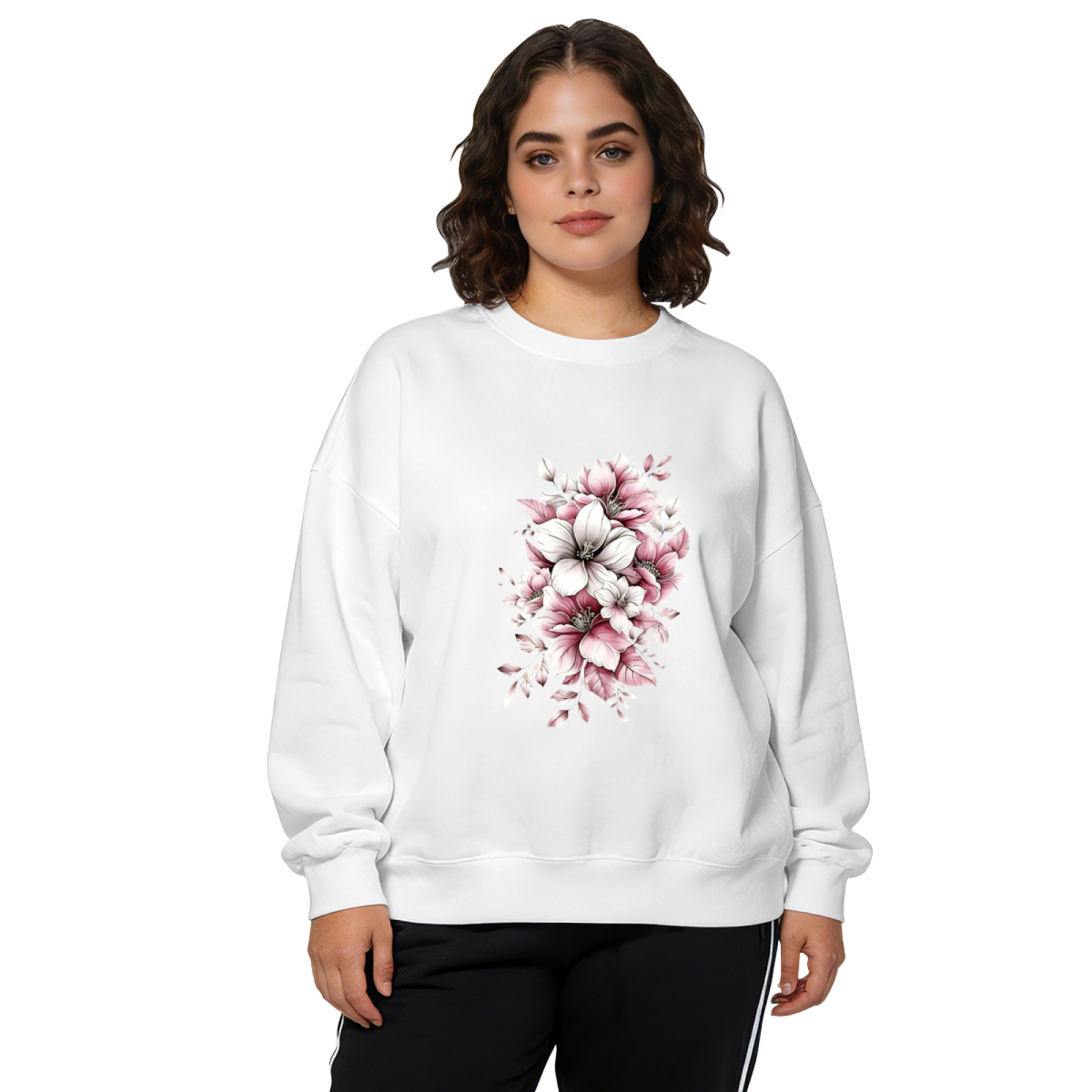 Soft Pink?White Floral Bouquet Crewneck Sweatshirt