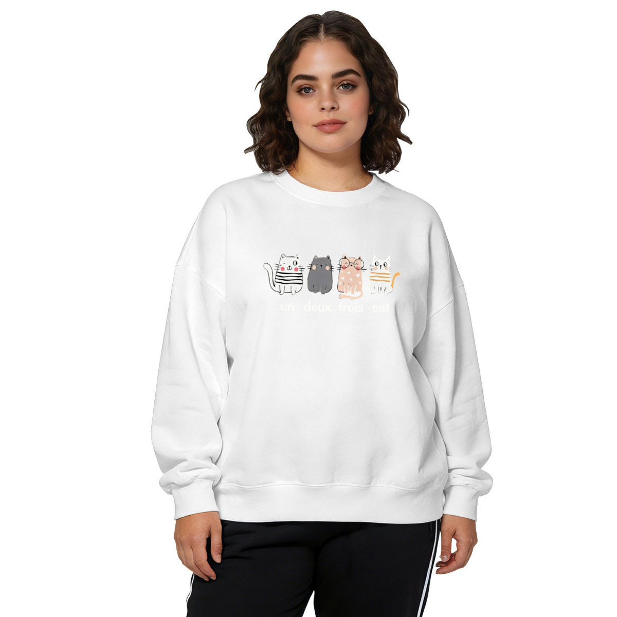Funny Un Deux Trois Cat Cartoon Crewneck Sweatshirt