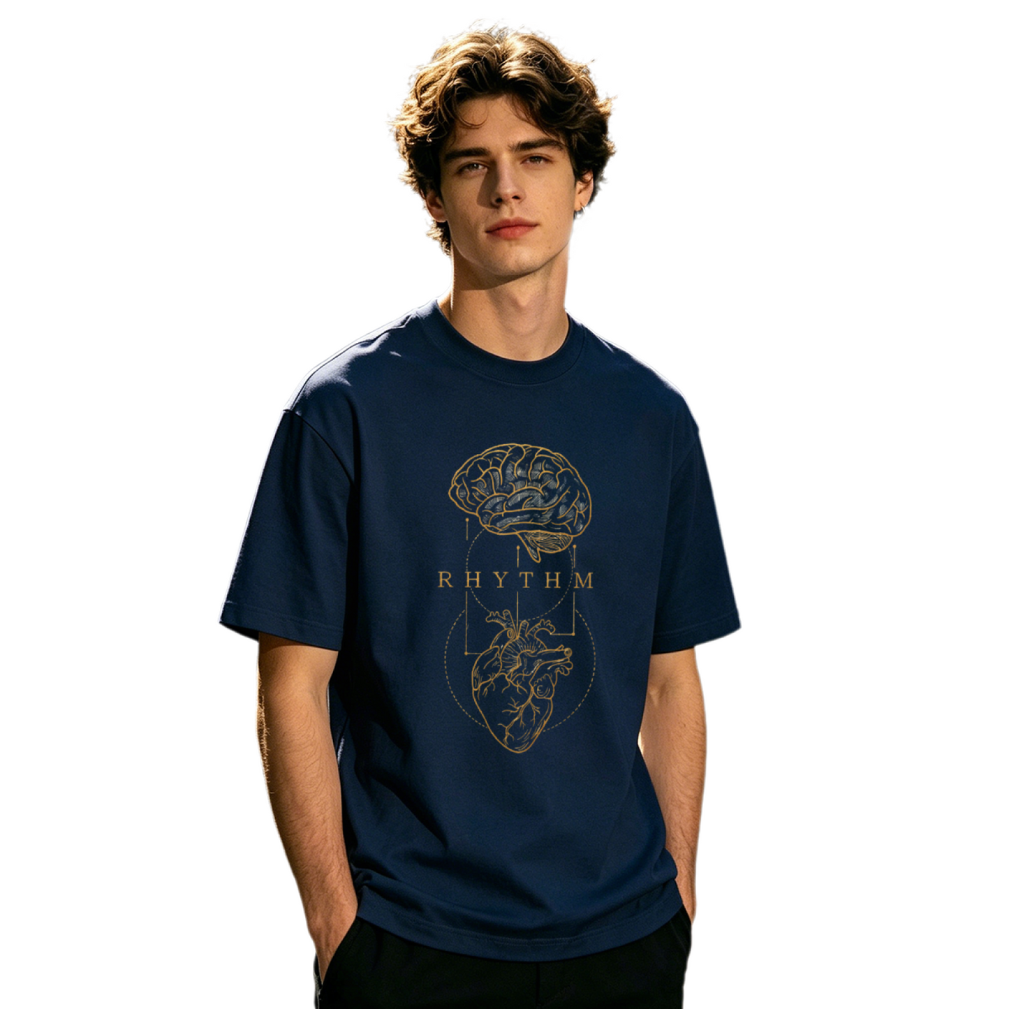 Men's Brain & Heart RHYTHM Vintage Golden Line Art Graphic T-Shirt
