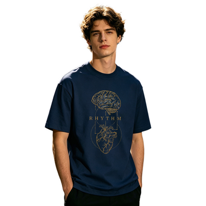 Men's Brain & Heart RHYTHM Vintage Golden Line Art Graphic T-Shirt