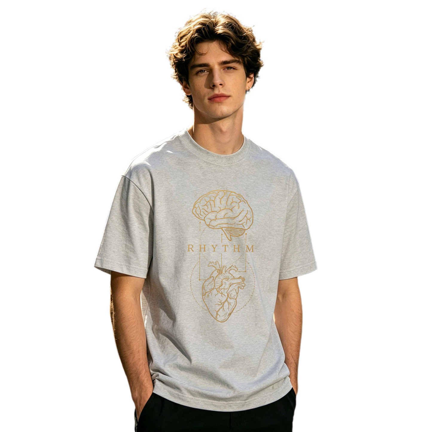 Men's Brain & Heart RHYTHM Vintage Golden Line Art Graphic T-Shirt