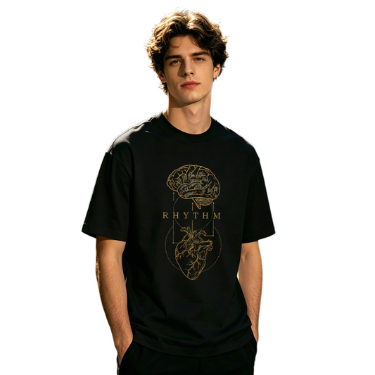 Men's Brain & Heart RHYTHM Vintage Golden Line Art Graphic T-Shirt