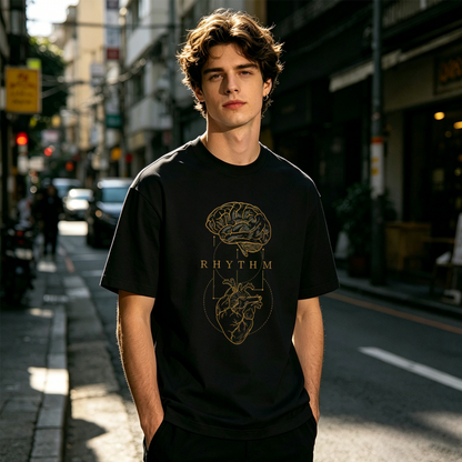 Men's Brain & Heart RHYTHM Vintage Golden Line Art Graphic T-Shirt