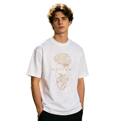 Men's Brain & Heart RHYTHM Vintage Golden Line Art Graphic T-Shirt