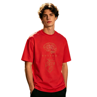 Men's Brain & Heart RHYTHM Vintage Golden Line Art Graphic T-Shirt