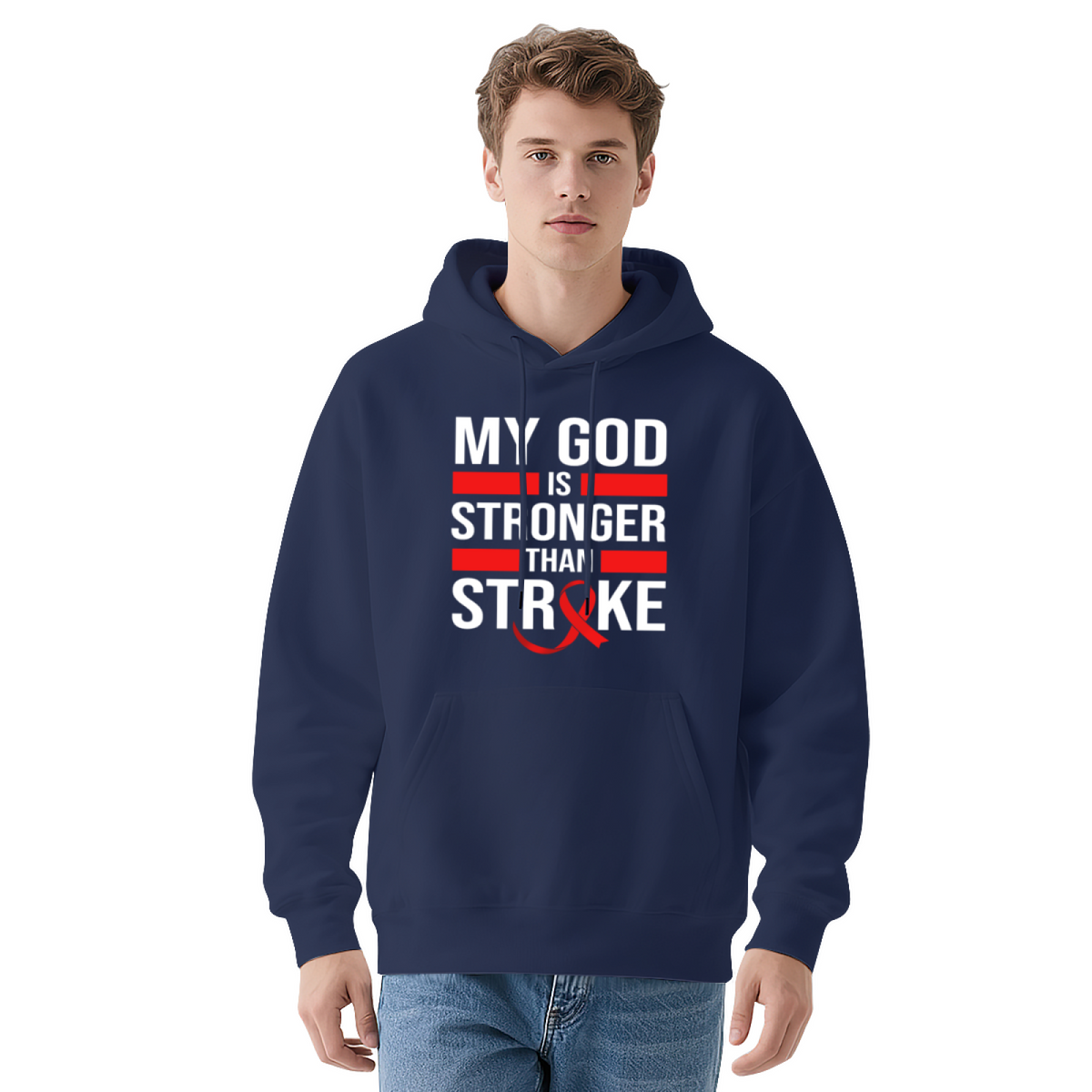 My God Is Stronger Than Stroke Faith Cozy Navy Hoodie, Support Top