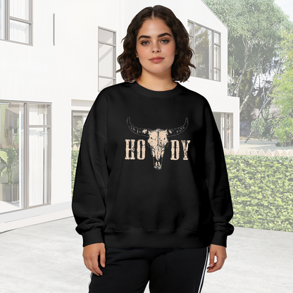 Vintage Western Cow Skull Howdy Graphic Crewneck Sweatshirt