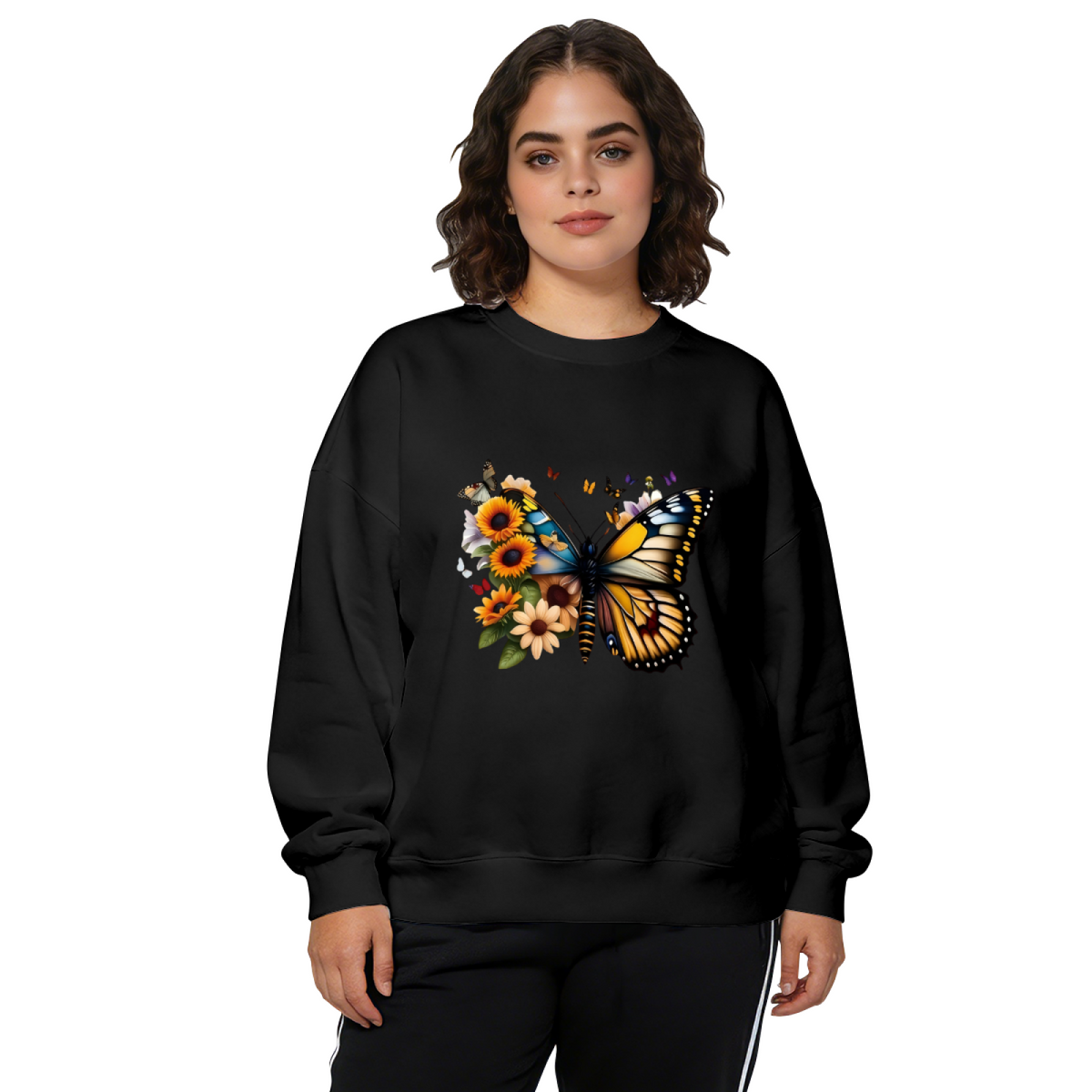 Vibrant Sunflower Monarch Butterfly Floral Crewneck Sweatshirt