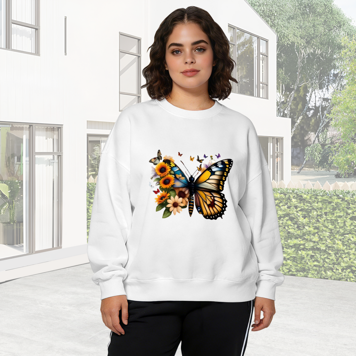 Vibrant Sunflower Monarch Butterfly Floral Crewneck Sweatshirt