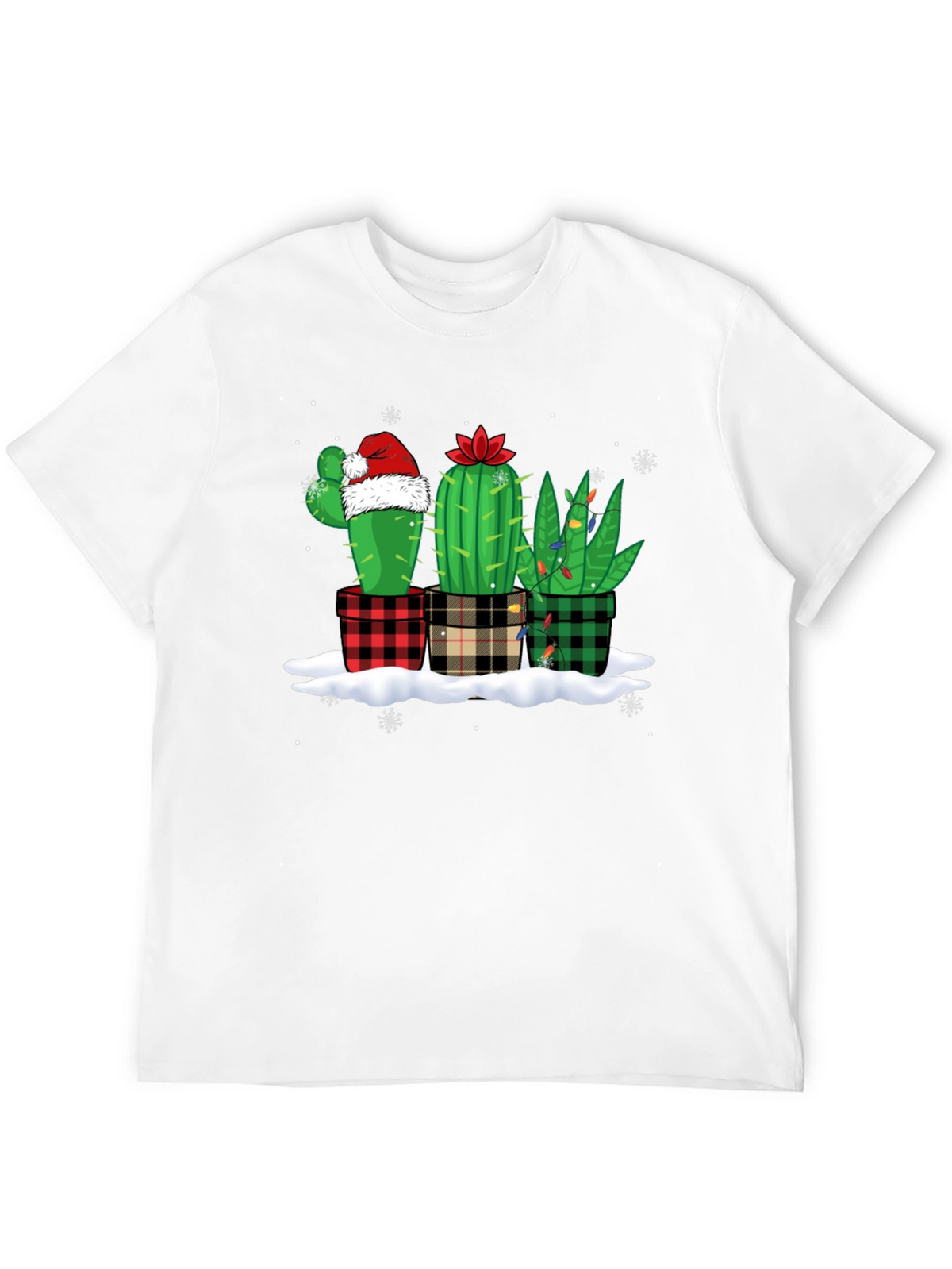 Holiday Cactus T-Shirt: Plaid Pots & Santa Hat