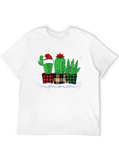 Holiday Cactus T-Shirt: Plaid Pots & Santa Hat