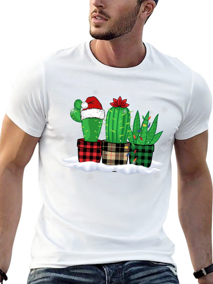 Holiday Cactus T-Shirt: Plaid Pots & Santa Hat