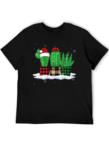 Holiday Cactus T-Shirt: Plaid Pots & Santa Hat