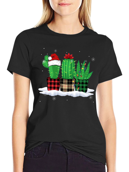 Holiday Cactus T-Shirt: Plaid Pots & Santa Hat